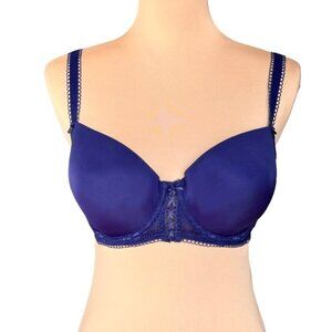 NWOT Lou Paris Satin T-Shirt Bra Sz.E Blue Lace Underwire Sexy Lingerie Feminine